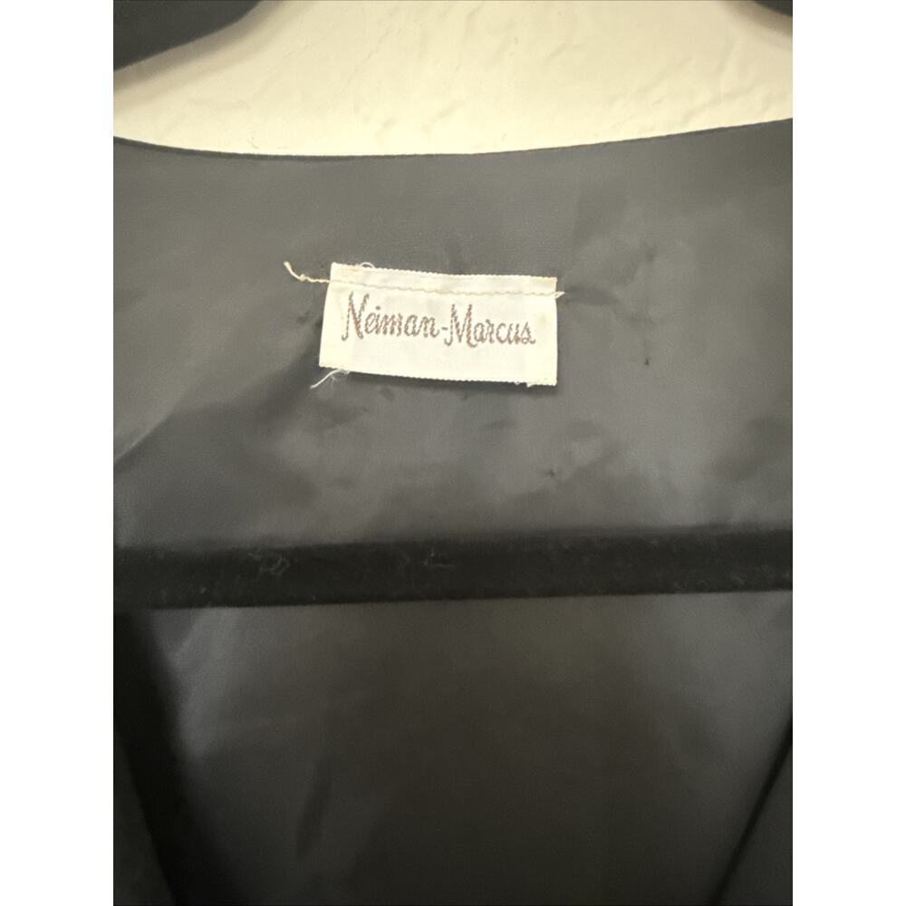 Vtg 80s Neiman Marcus Black Dress Ruched Rhinestones Long Sleeve Shoulder Pads - Picture 2 of 9